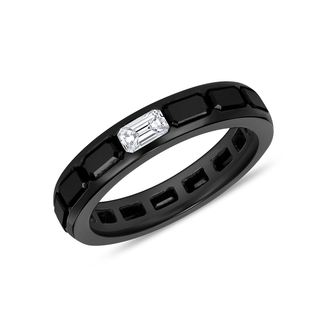 East-West Emerald Cut Black Diamond Eternity Ring with White Diamond Accent