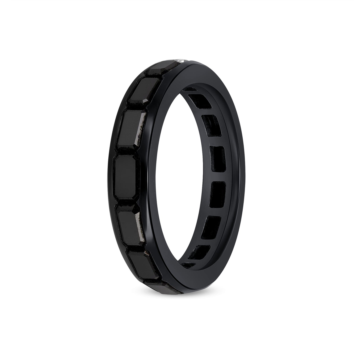 East-West Emerald Cut Black Diamond Eternity Ring with White Diamond Accent