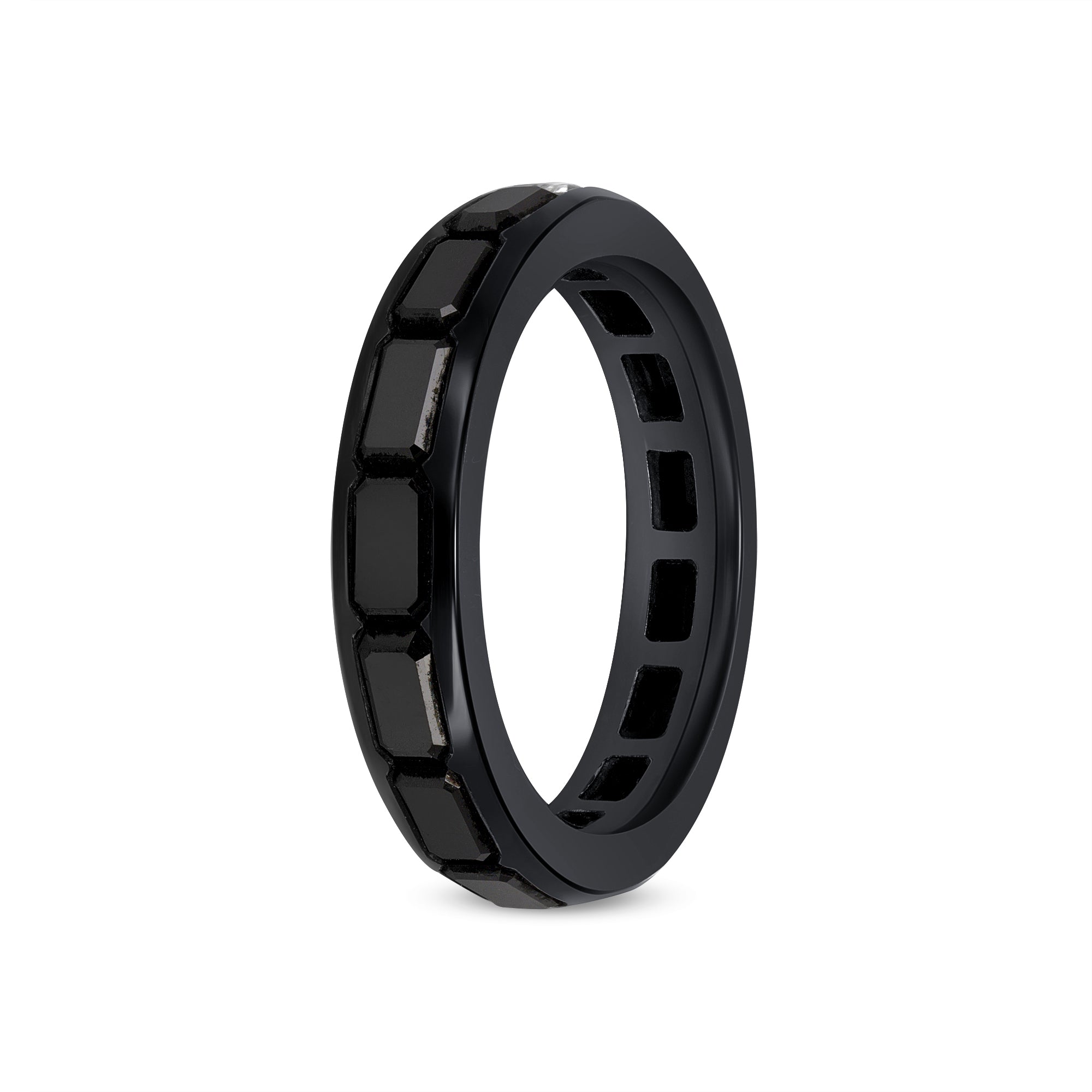 East-West Emerald Cut Black Diamond Eternity Ring with White Diamond Accent
