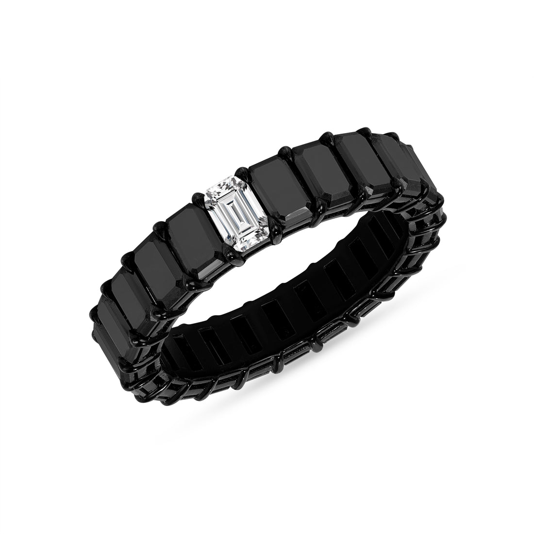 Emerald Cut Black Diamond Eternity Ring with White Diamond Accent
