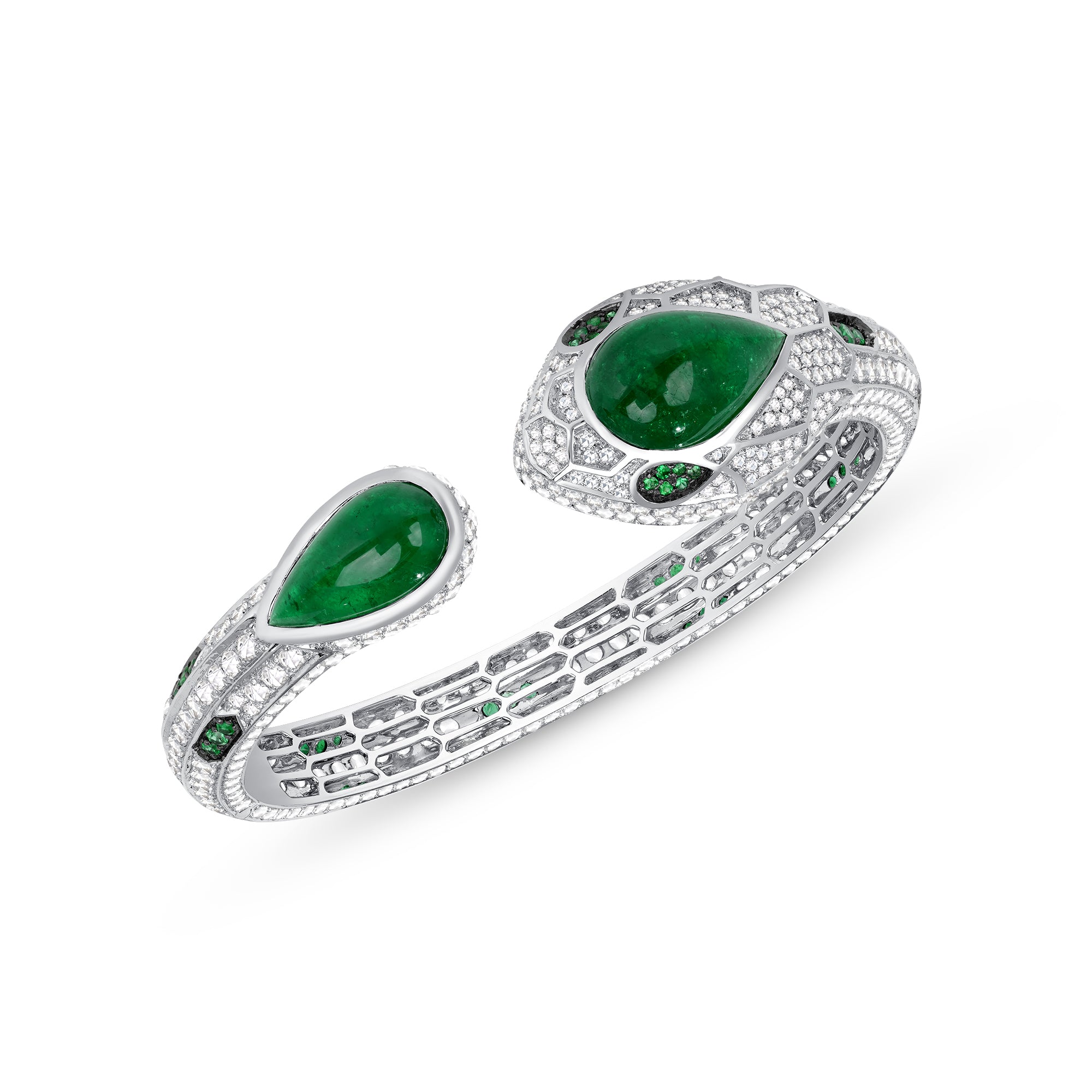 18k White Gold Pear Shape Cabochon Colombian Emerald and Round Brilliant Diamond Melee Bracelet