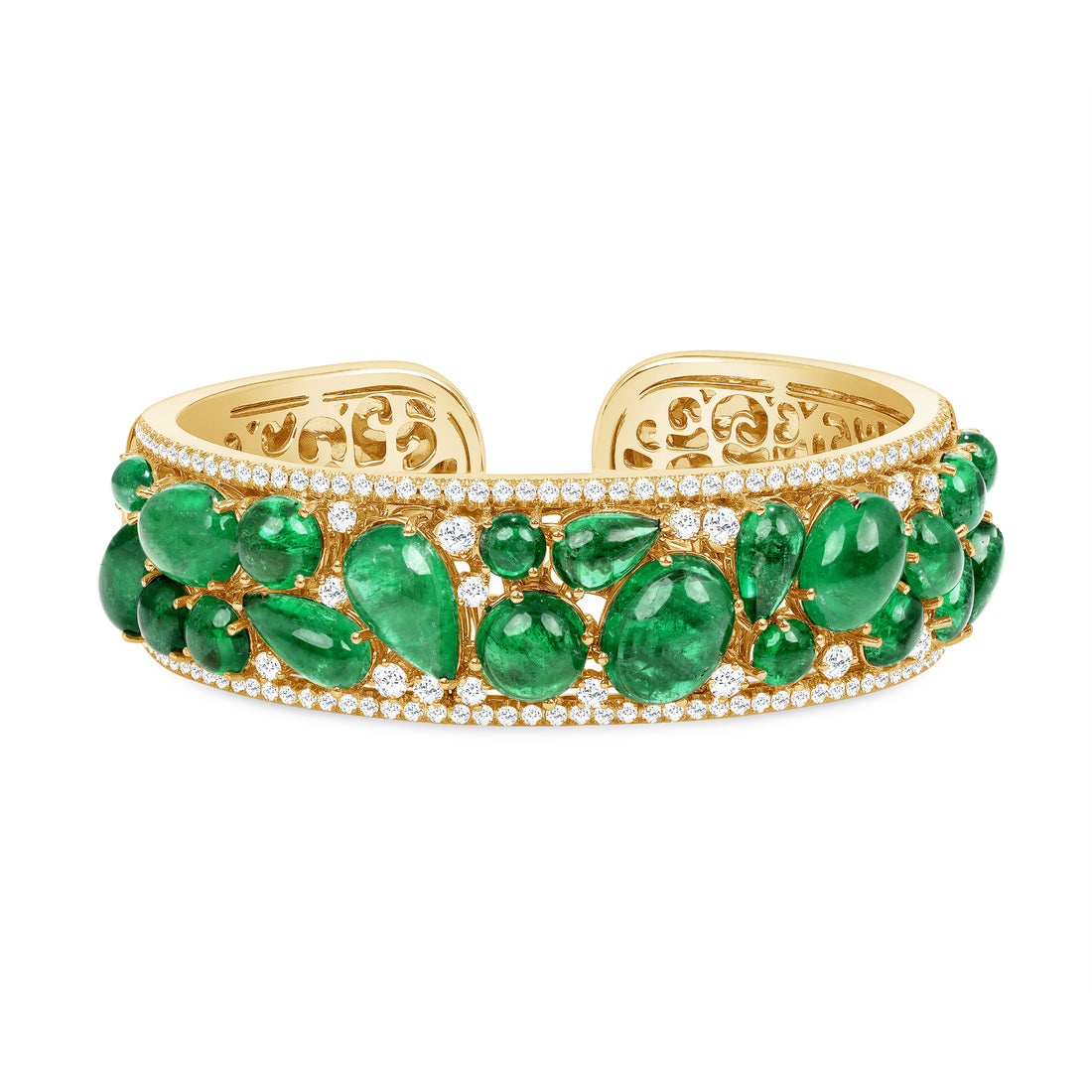 Round Brilliant Diamond and Mixed Cut Cabochon Emerald Cuff Bracelet