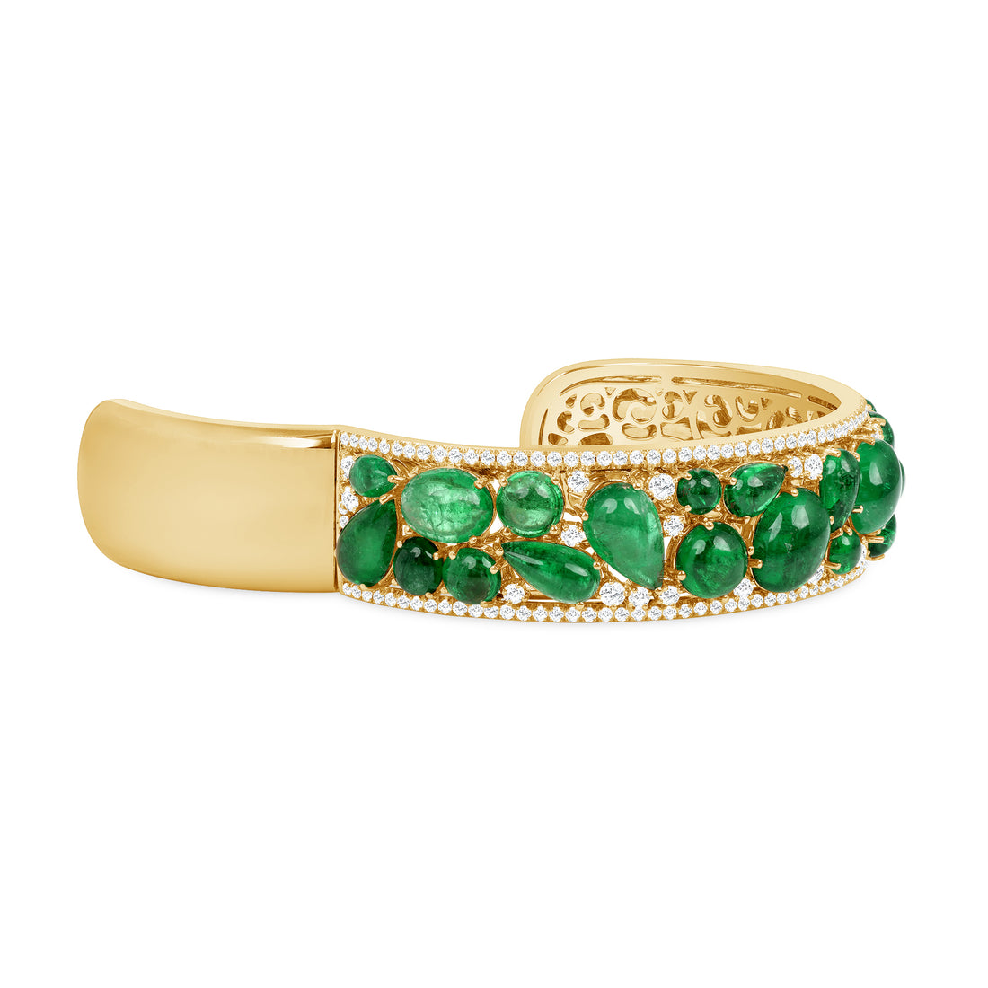 Round Brilliant Diamond and Mixed Cut Cabochon Emerald Cuff Bracelet