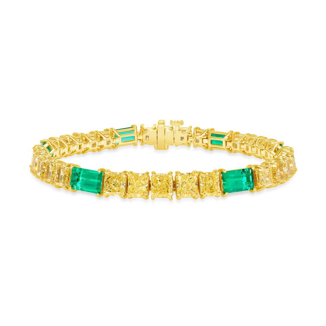 Radiant Cut Fancy Yellow Diamond and Baguette Colombian Emerald Bracelet