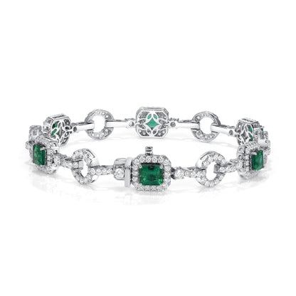 Emerald Cut Colombian Emerald and Round Brilliant Melee Diamond Bracelet
