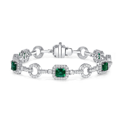 Emerald Cut Colombian Emerald and Round Brilliant Melee Diamond Bracelet