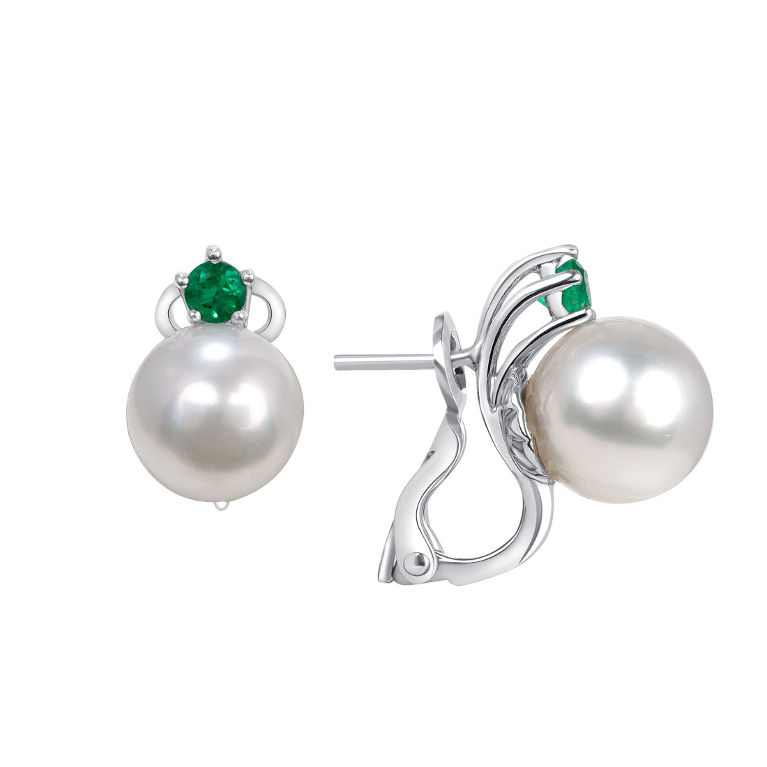 18K White Gold Pearl and Round Brilliant Emerald Stud Earrings