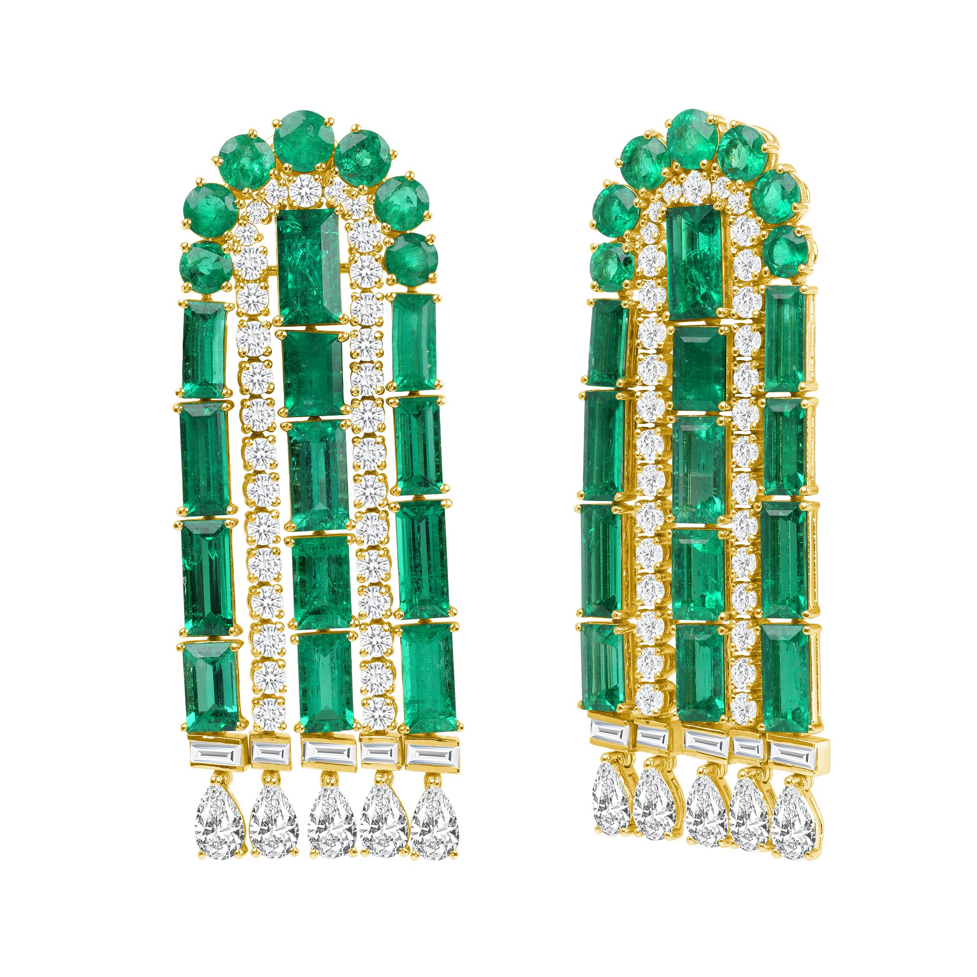Round Brilliant and Baguette Colombian Emerald and Round Brilliant and Baguette and Pear Shape Diamond  Earrings