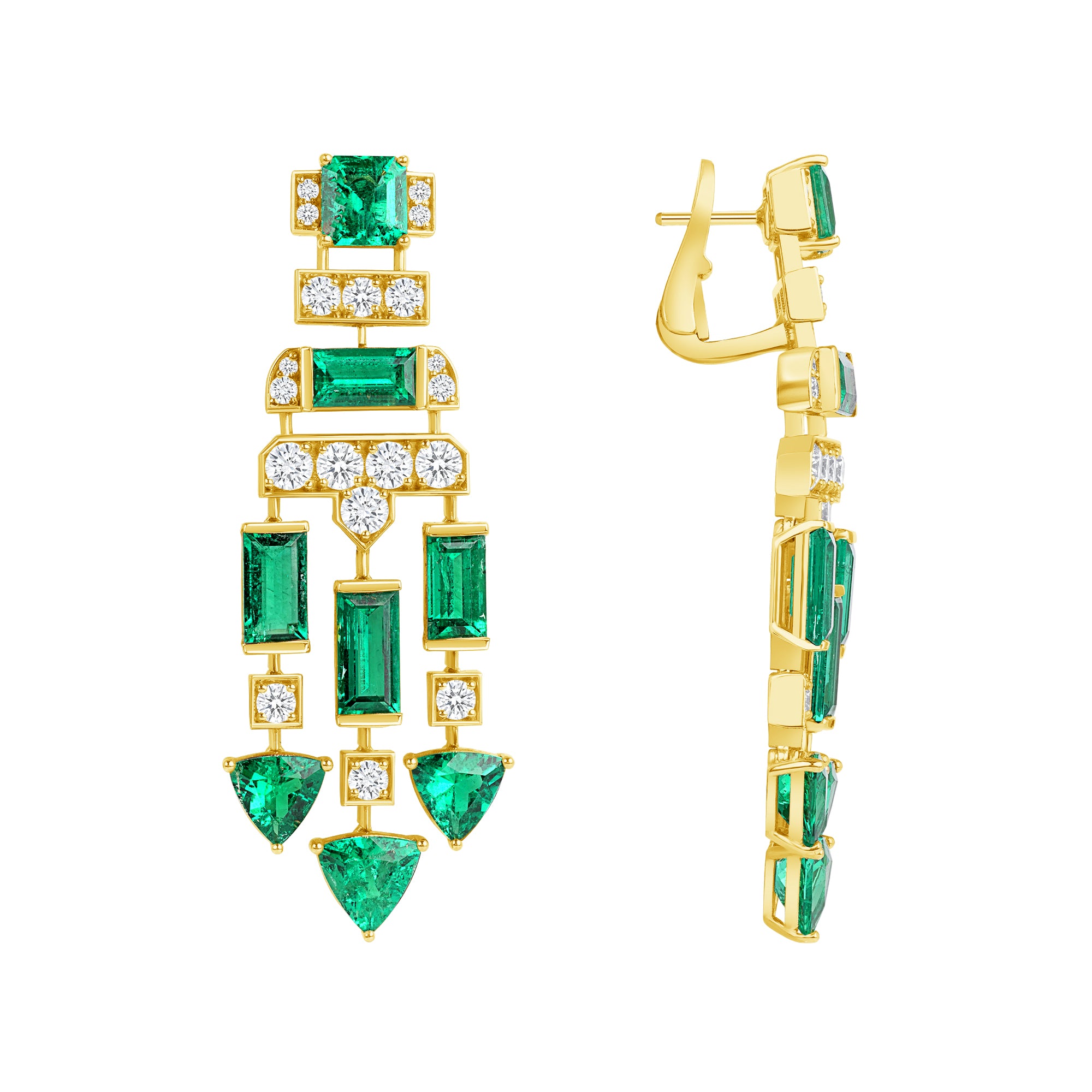 Emerald Cut and Triangle Cut and Baguette Colombian Emerald and Round Brilliant Diamond Earrings