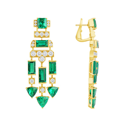 Emerald Cut and Triangle Cut and Baguette Colombian Emerald and Round Brilliant Diamond Earrings