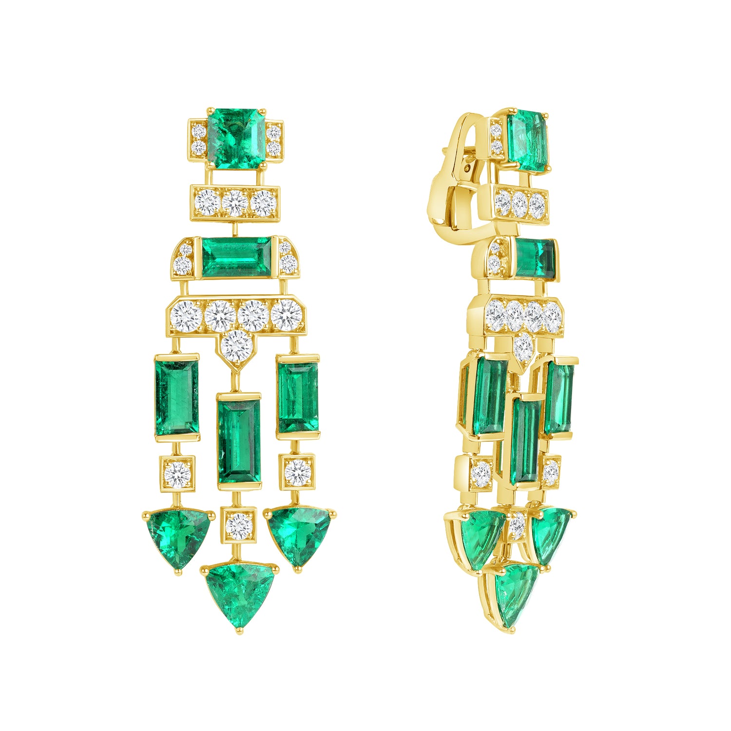 Emerald Cut and Triangle Cut and Baguette Colombian Emerald and Round Brilliant Diamond Earrings