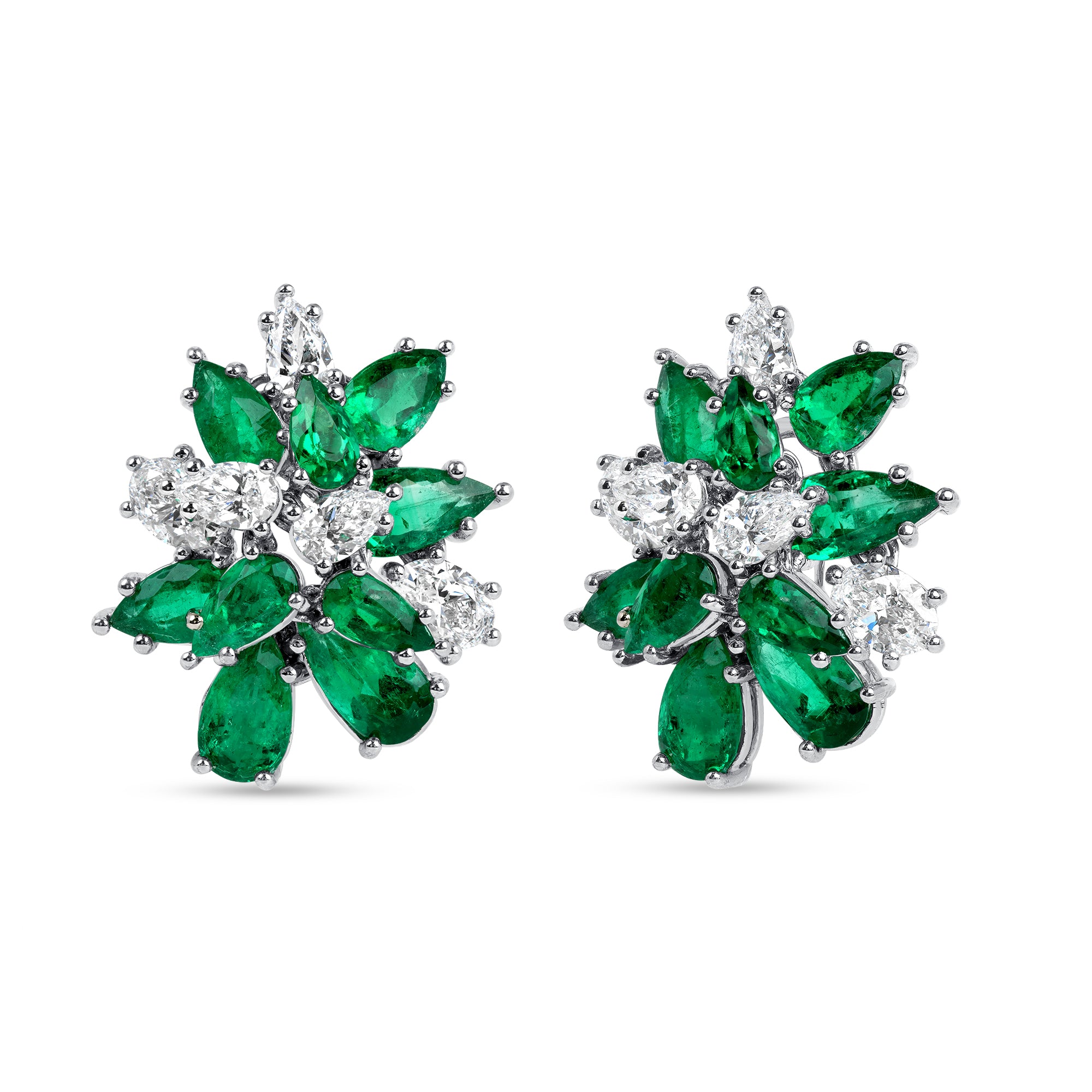 Pear Shape Colombian Emerald and Pear Shape and Oval Cut Diamond Cluster Platinum Earrings