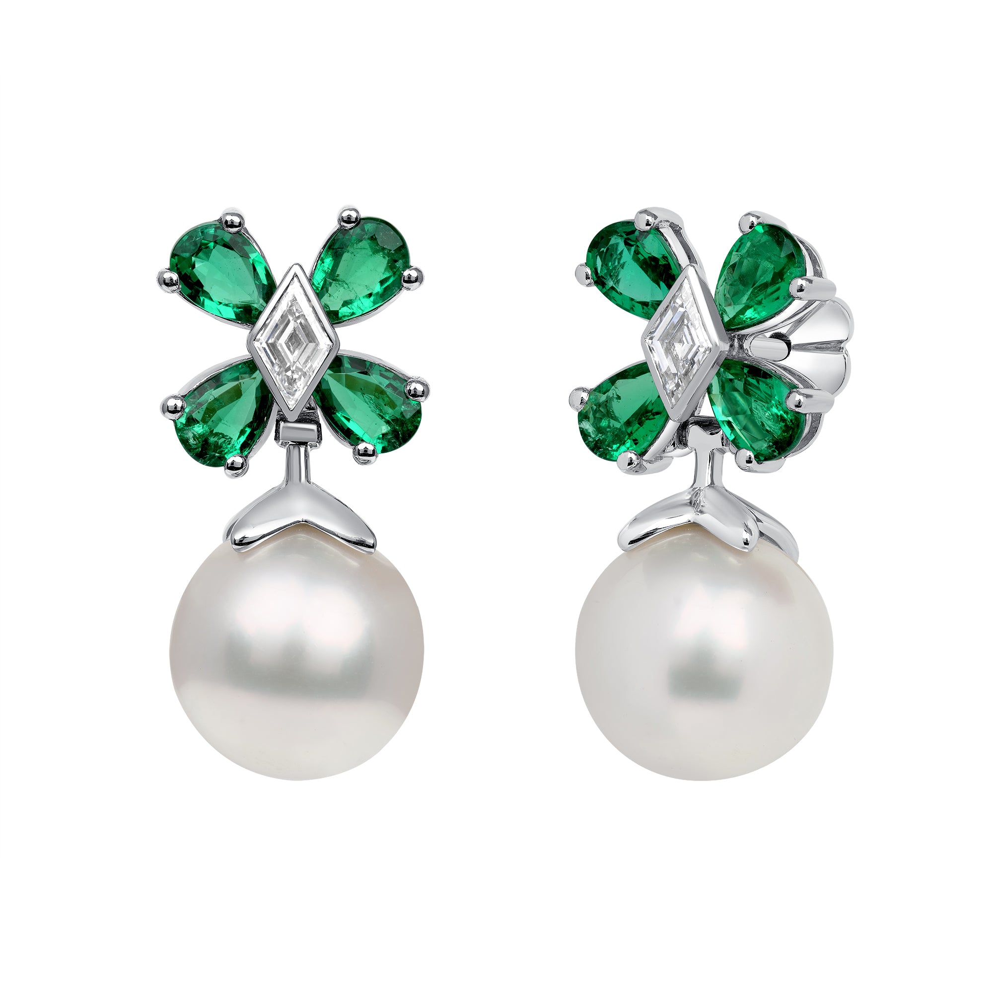 18k White Gold Pear Shape Colombian Emeralds and Lozenge Diamonds and Pearl Earrings
