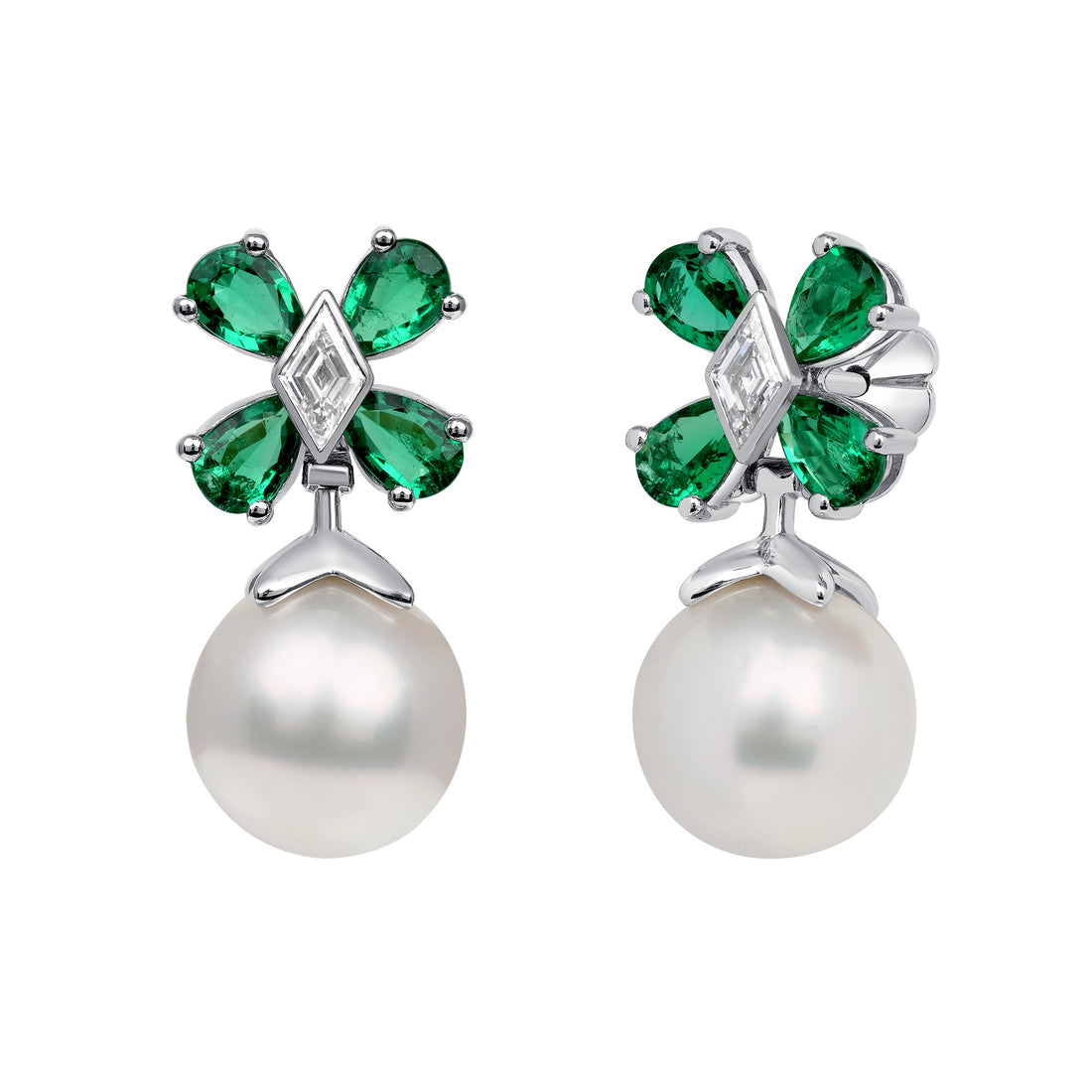 Pearl Earrings with Colombian Emeralds and Diamonds