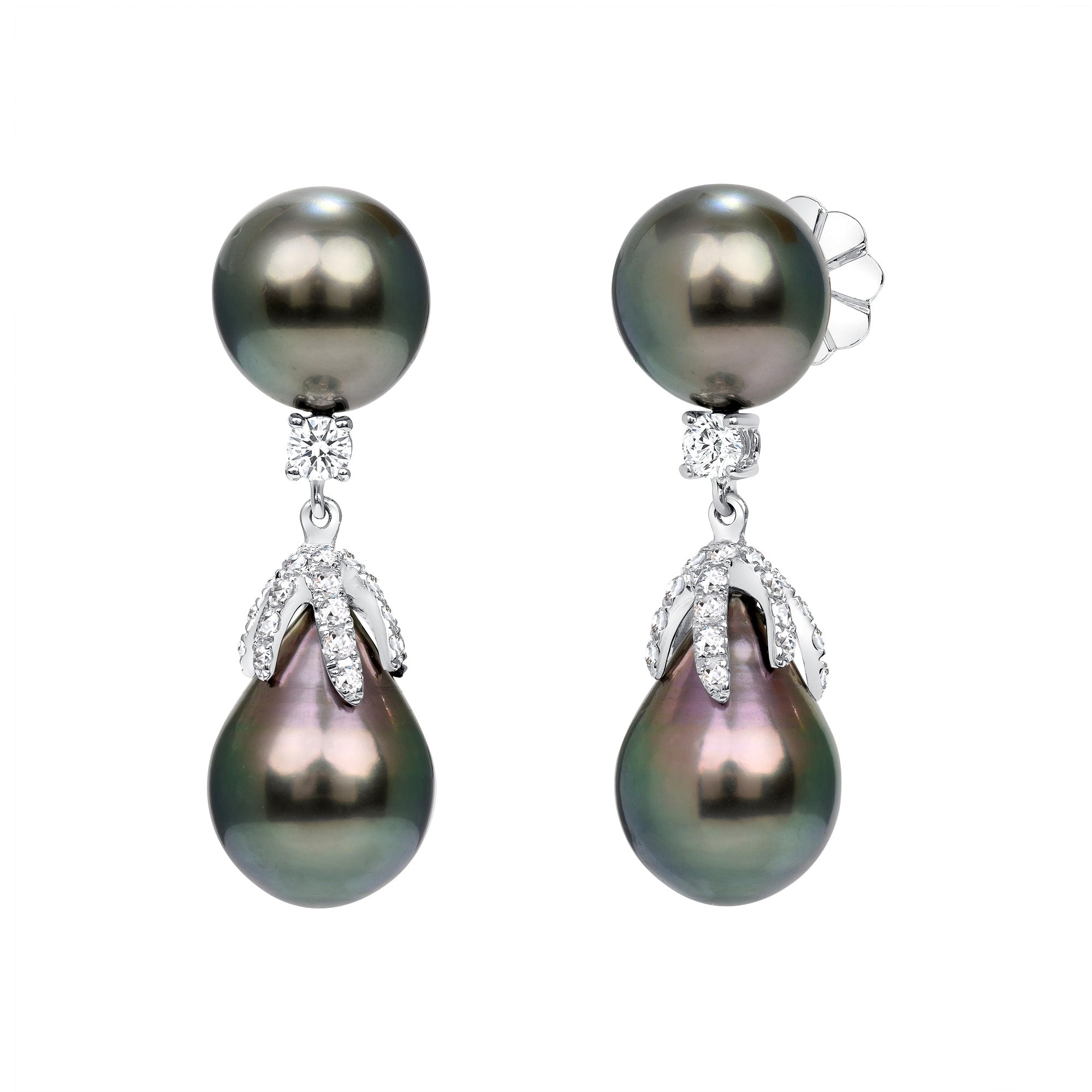 14k White Gold Round Brilliant Melee Diamonds and Tahitian South Sea Pearl Earrings