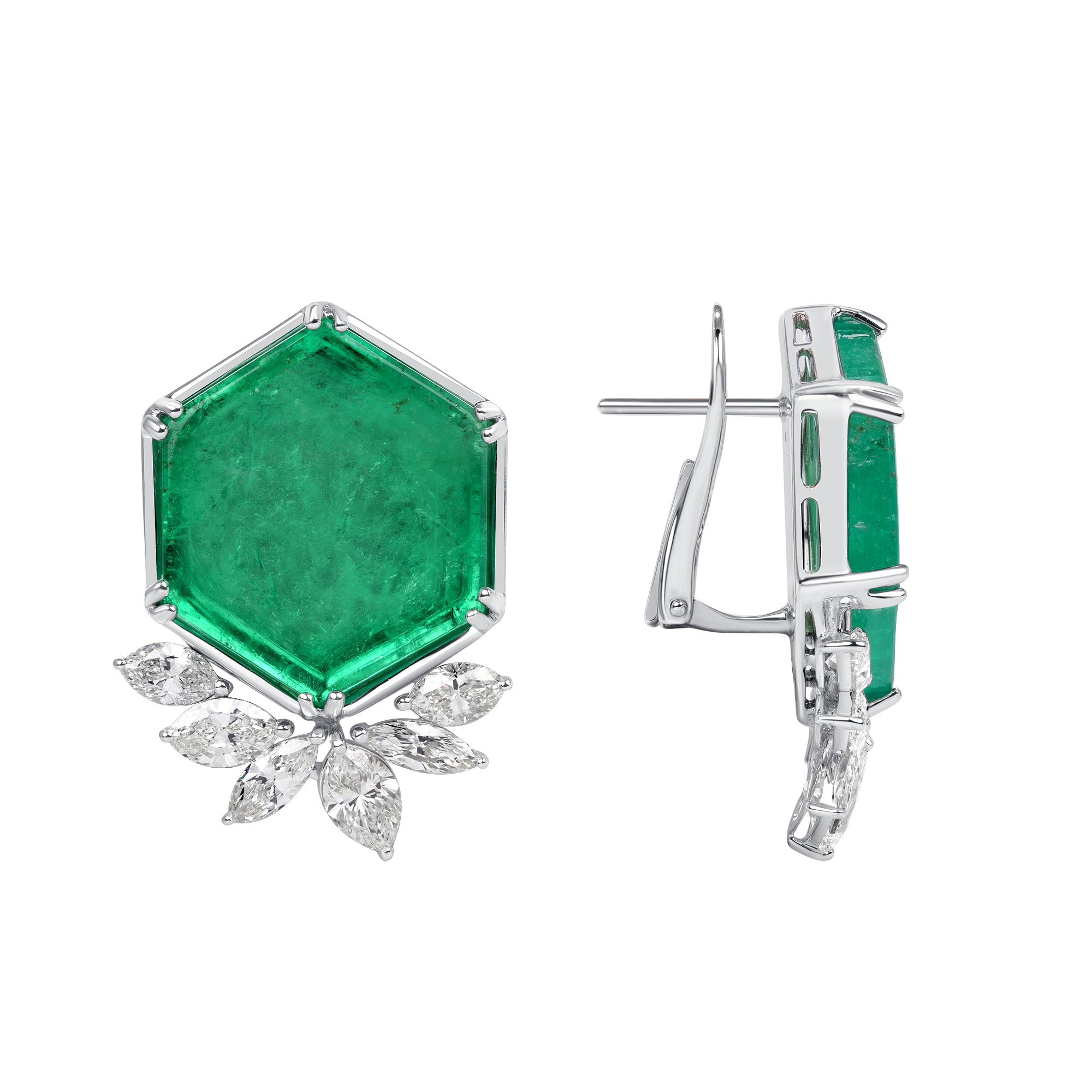 18k White Gold Hexagon Shape Colombian Emerald and Marquise Cut Diamond Earrings