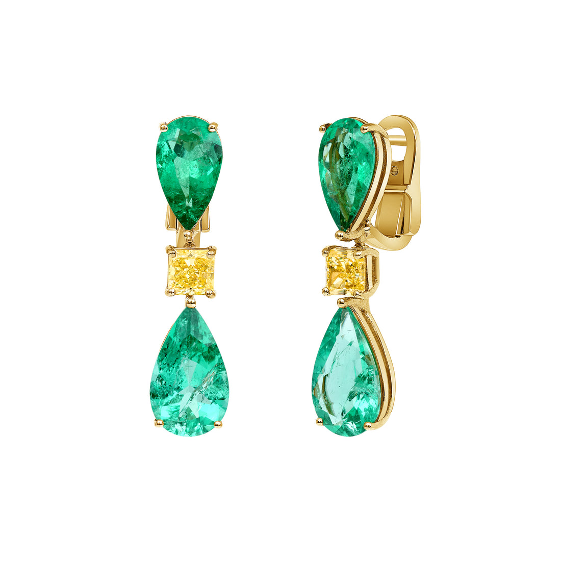 Pear Shape Emeralds and Fancy Yellow Radiant Diamond Drop Earrings