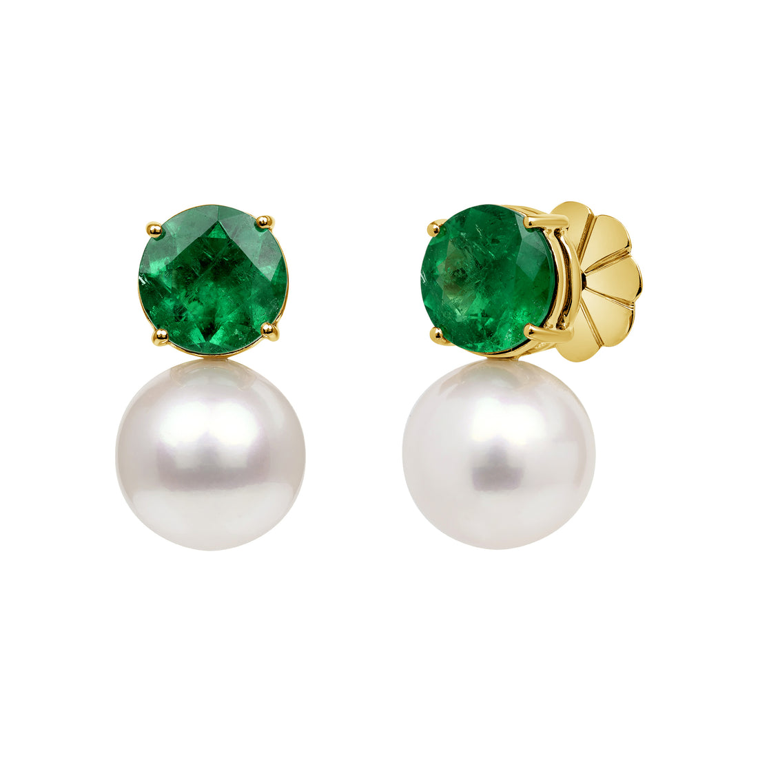 Round Brilliant Emerald and Pearl Stud Earrings
