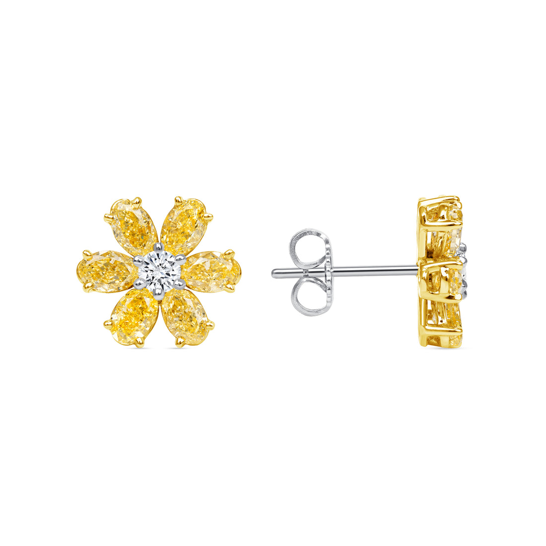 Fancy Yellow Oval Diamonds Flower Stud Earrings