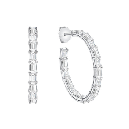 18k White Gold Emerald Cut Diamond Hoop Earrings