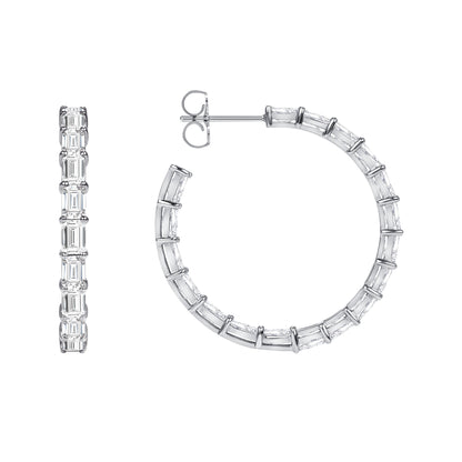 18k White Gold Emerald Cut Diamond Hoop Earrings