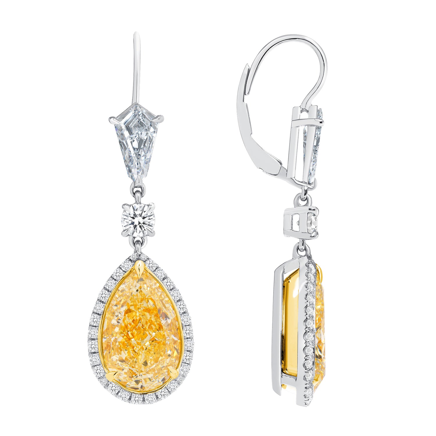 18k Yellow Gold and Platinum Pear Shape Y-Z Yellow Diamonds with Diamond Shields and Round Brilliant Diamonds Dangling Earrings
