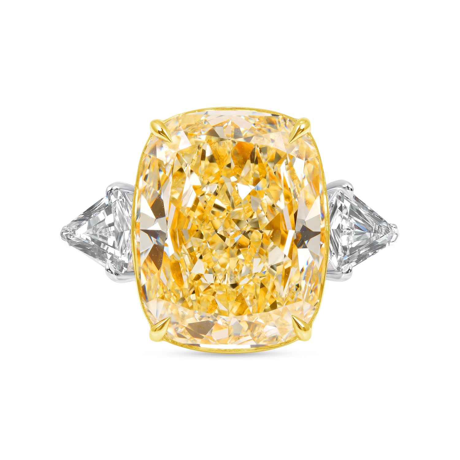 Cushion Cut Yellow Diamond Ring with Diamond Shield Side Stones