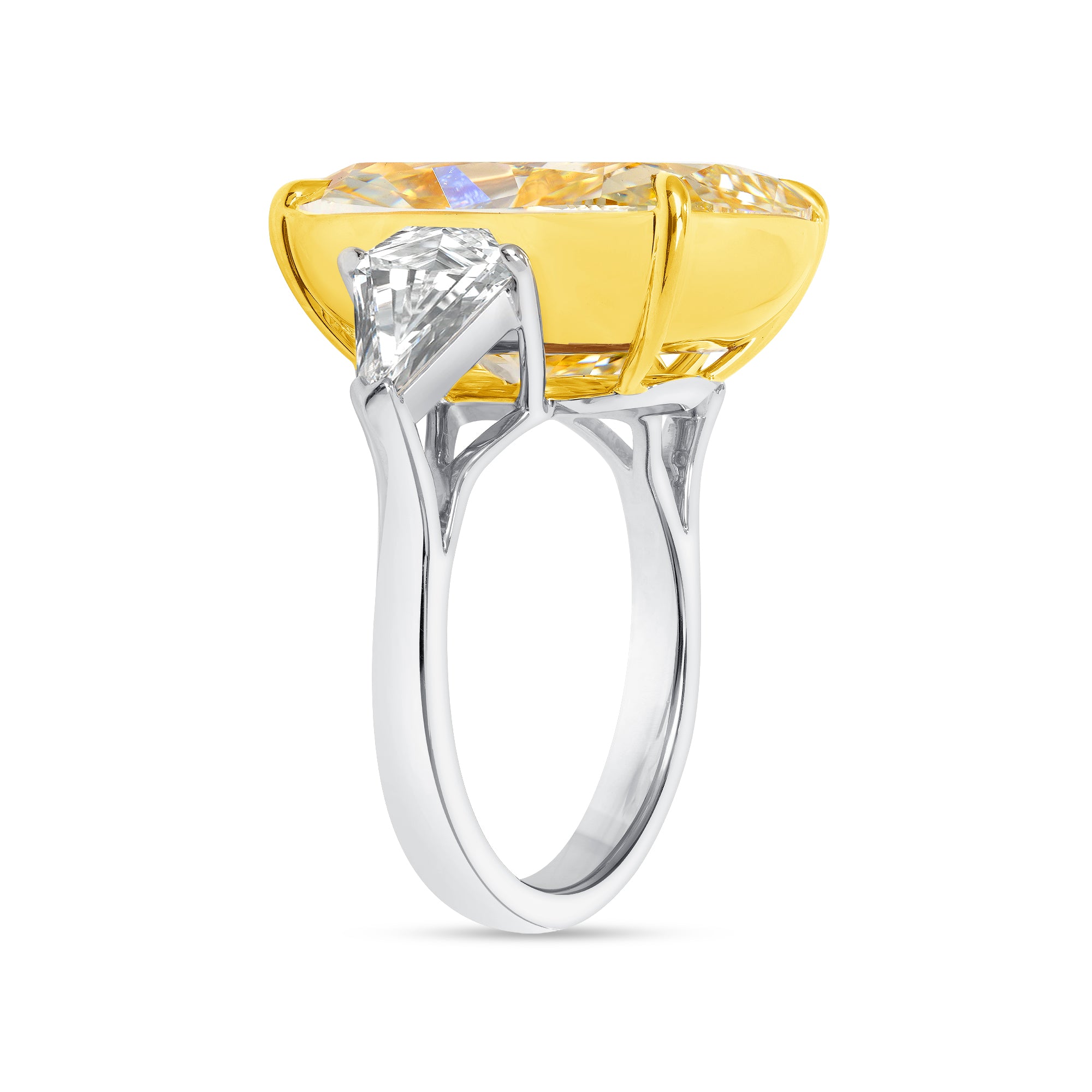 Cushion Cut Yellow Diamond Ring with Diamond Shield Side Stones