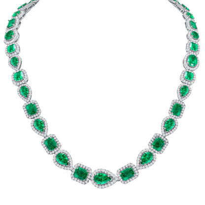 18k White Gold Mixed Colombian Emerald and Diamond Melee Necklace
