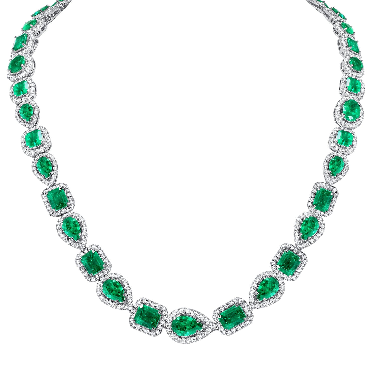 Mixed Emerald and Round Brilliant Melee Diamond Necklace