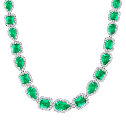 18k White Gold Mixed Colombian Emerald and Diamond Melee Necklace