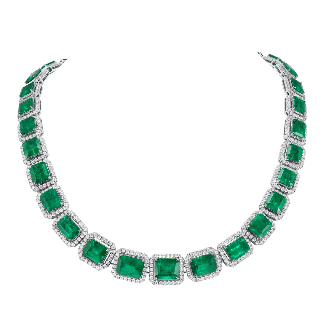 Emerald Cut Colombian Emerald and Round Brilliant Diamond Necklace