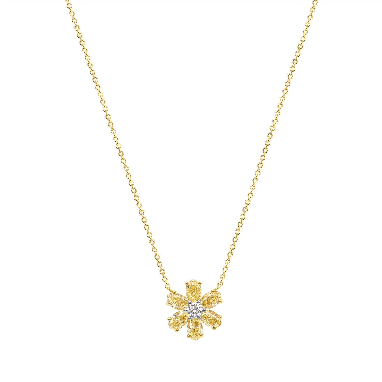 18k Yellow Gold Fancy Yellow Oval Diamonds Flower Pendant Necklace