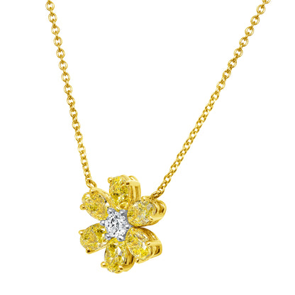 18k Yellow Gold Fancy Yellow Oval Diamonds Flower Pendant Necklace
