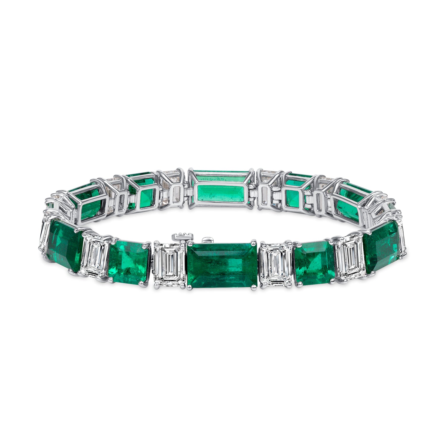 Asscher Cut and Baguette Colombian Emerald and Emerald Cut Diamond Bracelet