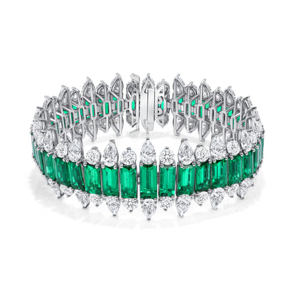 Colombian Emerald Baguette and Pear Shape and Round Brilliant Diamond Bracelet