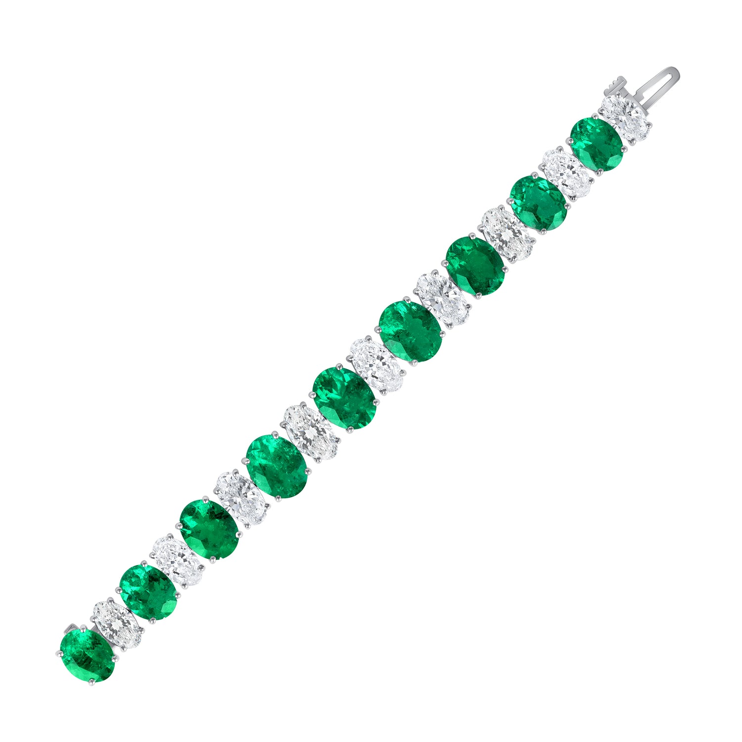 Oval Cut Colombian Emerald and Oval Cut Diamond Platinum Bracelet