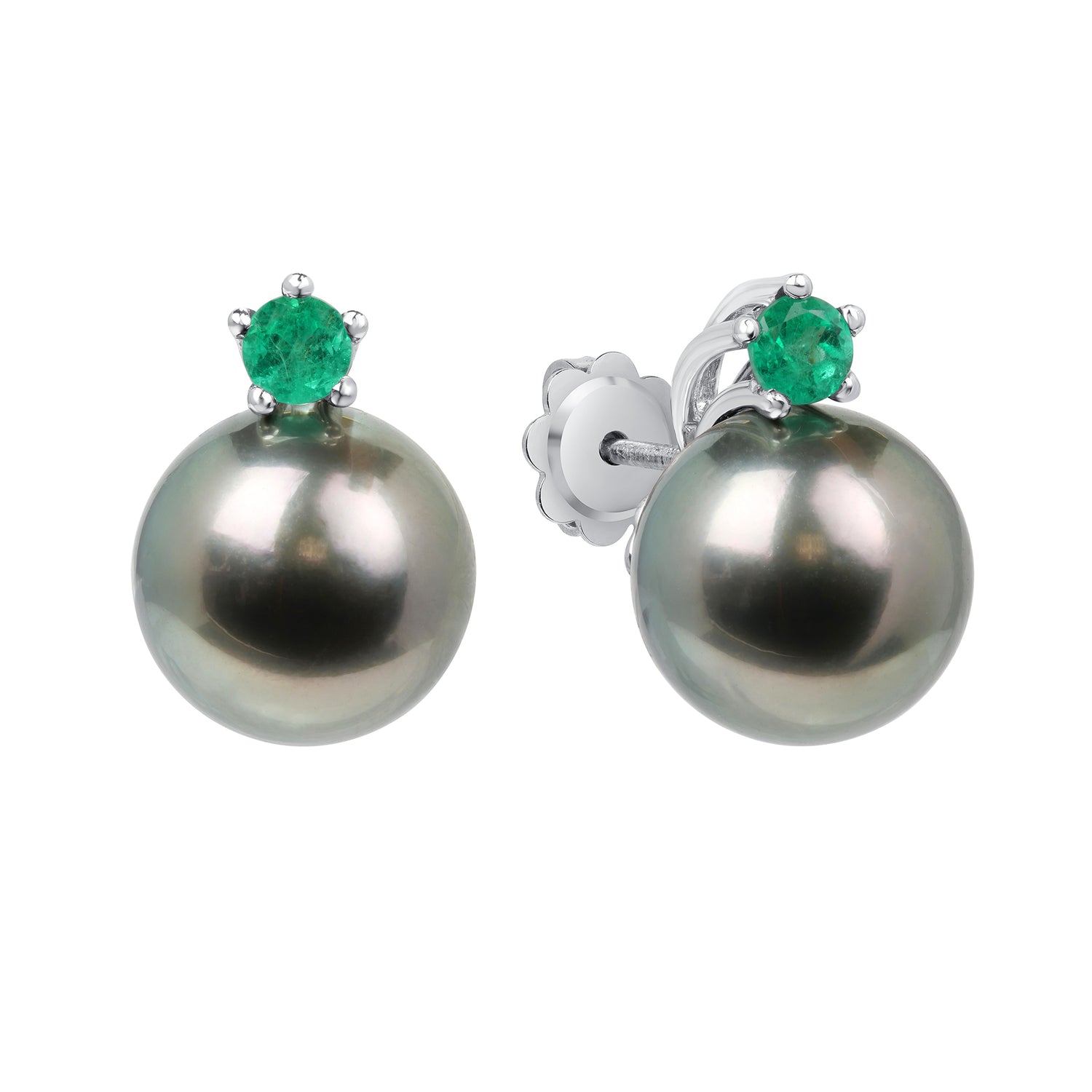 18K White Gold Black Pearl and Round Brilliant Emerald Stud Earrings