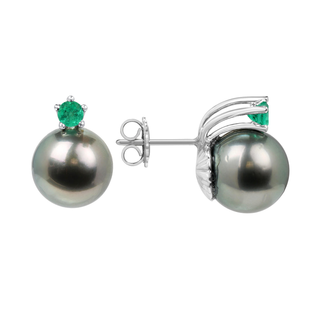 18K White Gold Black Pearl and Round Brilliant Emerald Stud Earrings