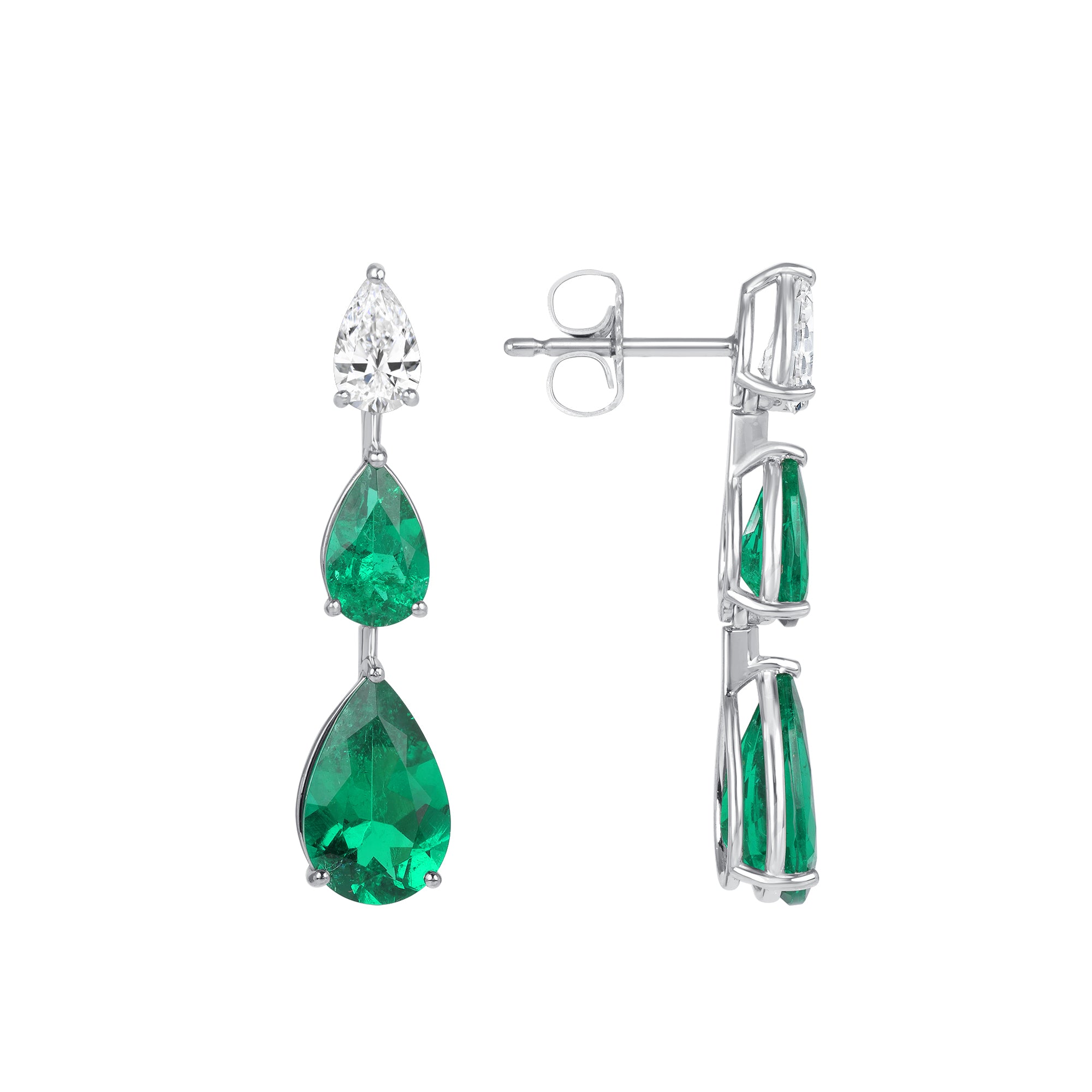 Platinum Pear Shape Emerald and Pear Shape Diamond Dangle Earrings