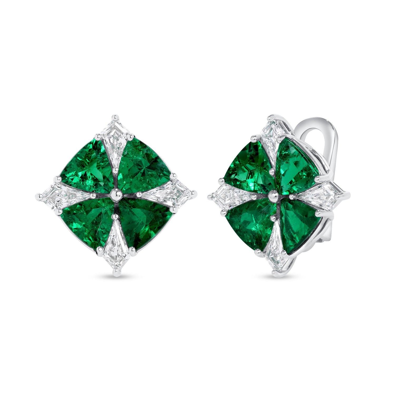 Platinum Triangle Shape Colombian Emeralds and Kite Shape Diamonds Earrings