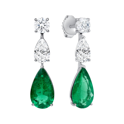 Platinum Round Brilliant and Pear Shape Diamonds and Pear Shape Colombian Emerald Drop Earrings