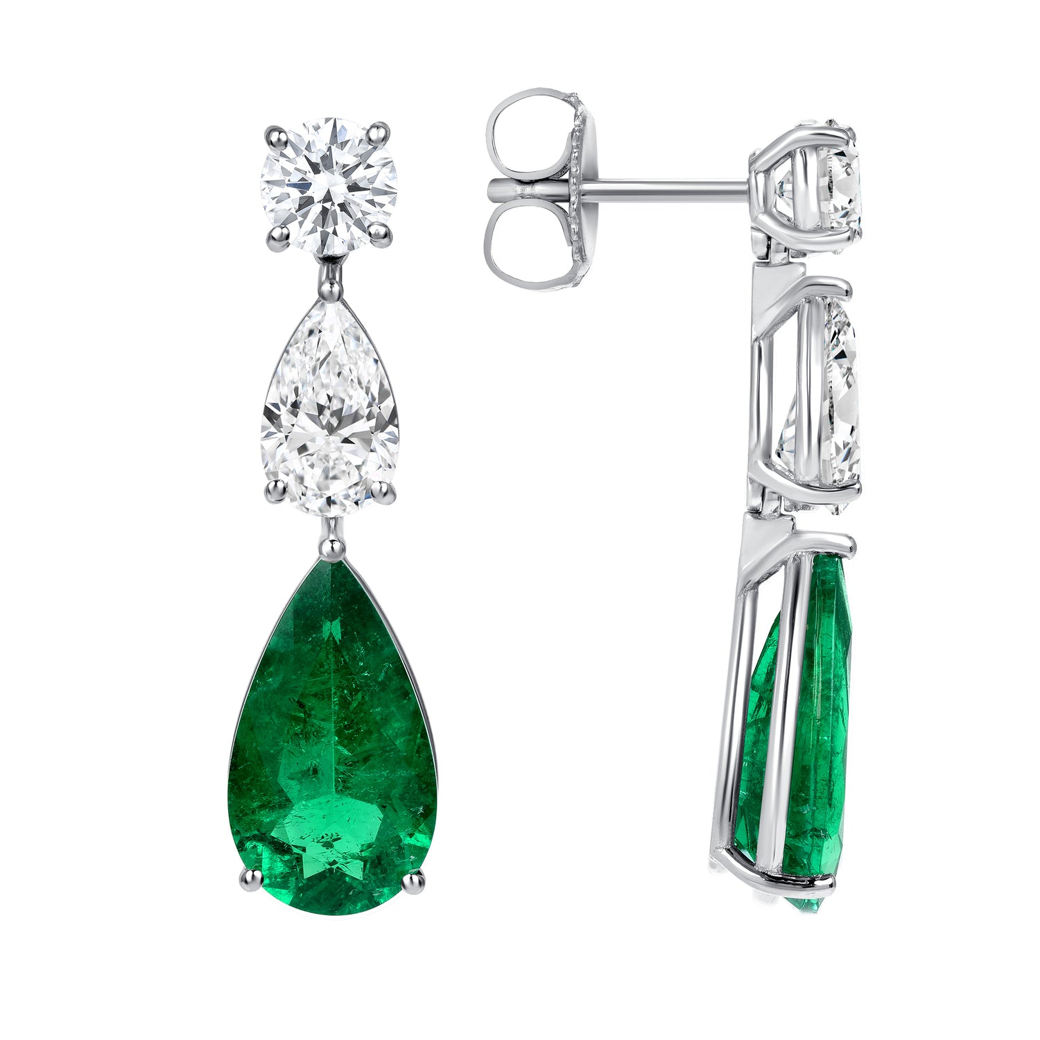 Platinum Round Brilliant and Pear Shape Diamonds and Pear Shape Colombian Emerald Drop Earrings