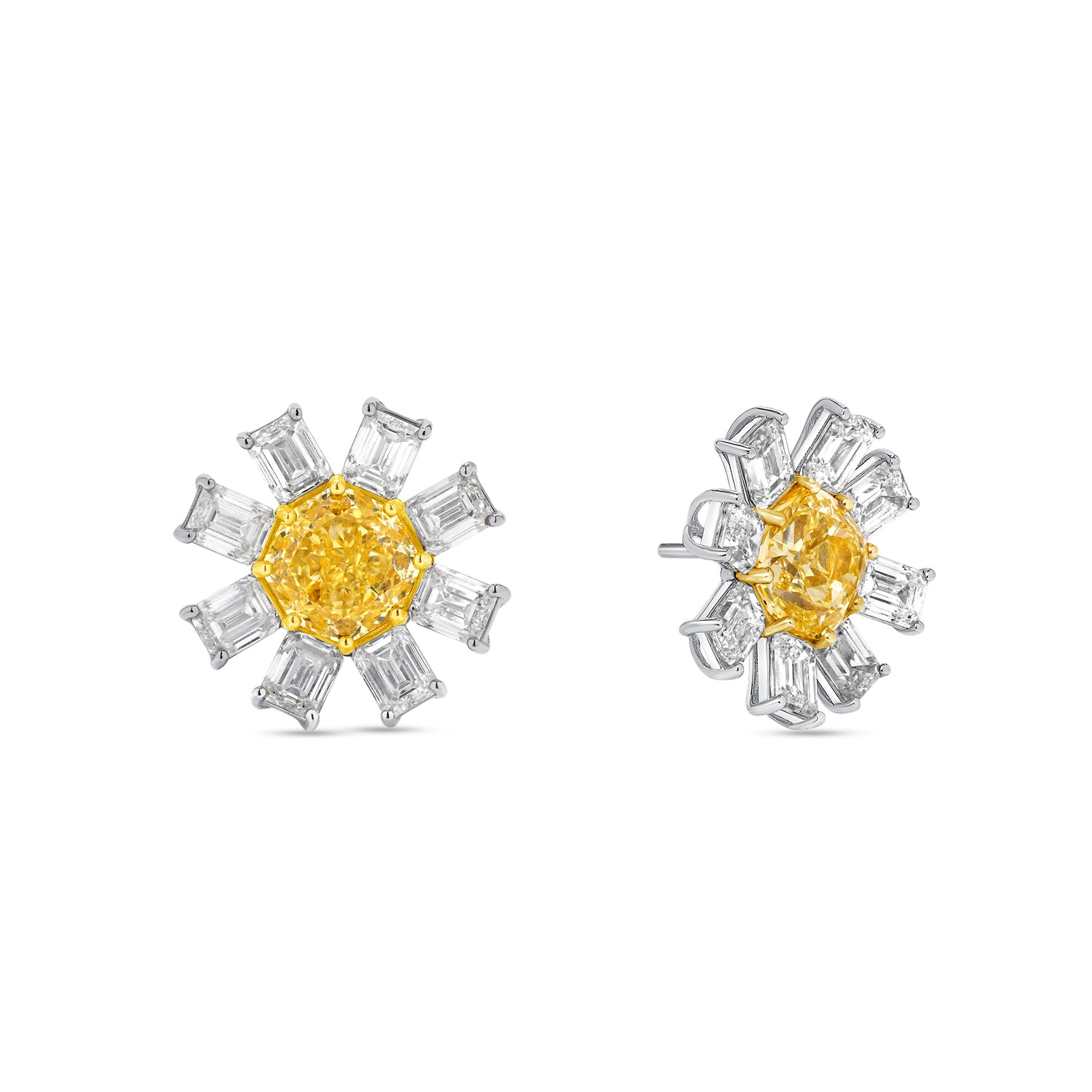 Octagon Shape Fancy Yellow Diamond and Emerald Cut Diamond Flower Earrings