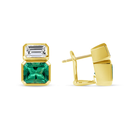Green Emeralds and Emerald Cut Diamonds Earrings in 18k Yellow Gold