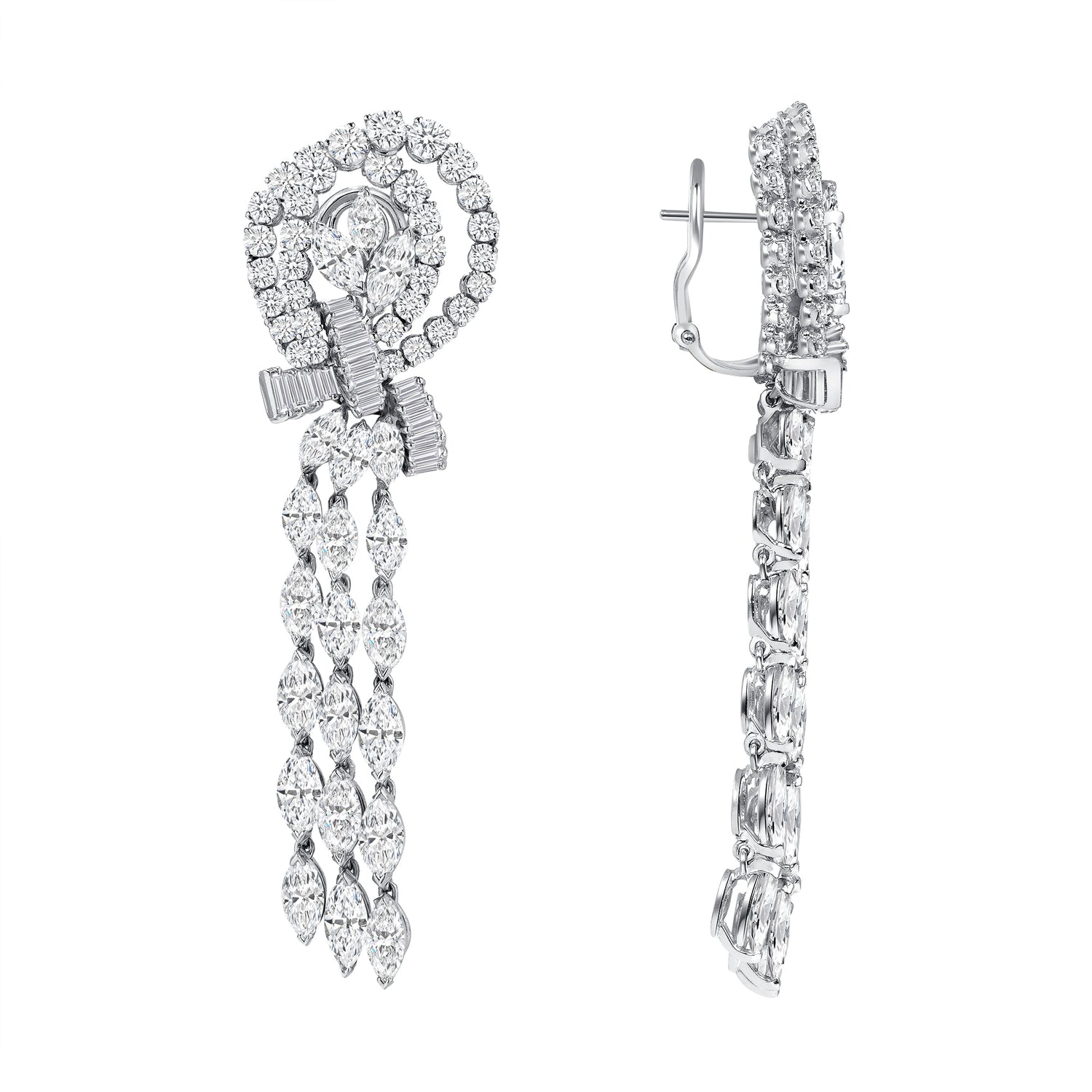 Round Brilliant and Baguette and Marquise Cut Diamond Ribbon Dangling Earrings