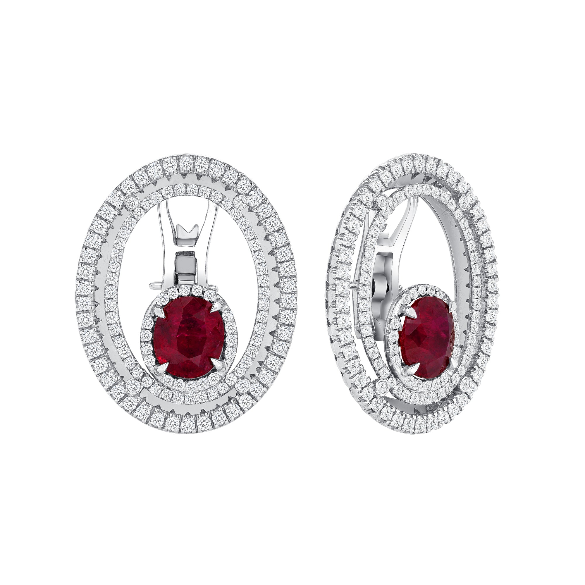 18K White Gold Oval Ruby and Round Brilliant Melee Diamond Stud Earrings