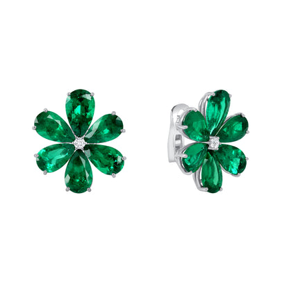 Pear Shape Emerald and Round Brilliant Diamond Flower Stud Earrings