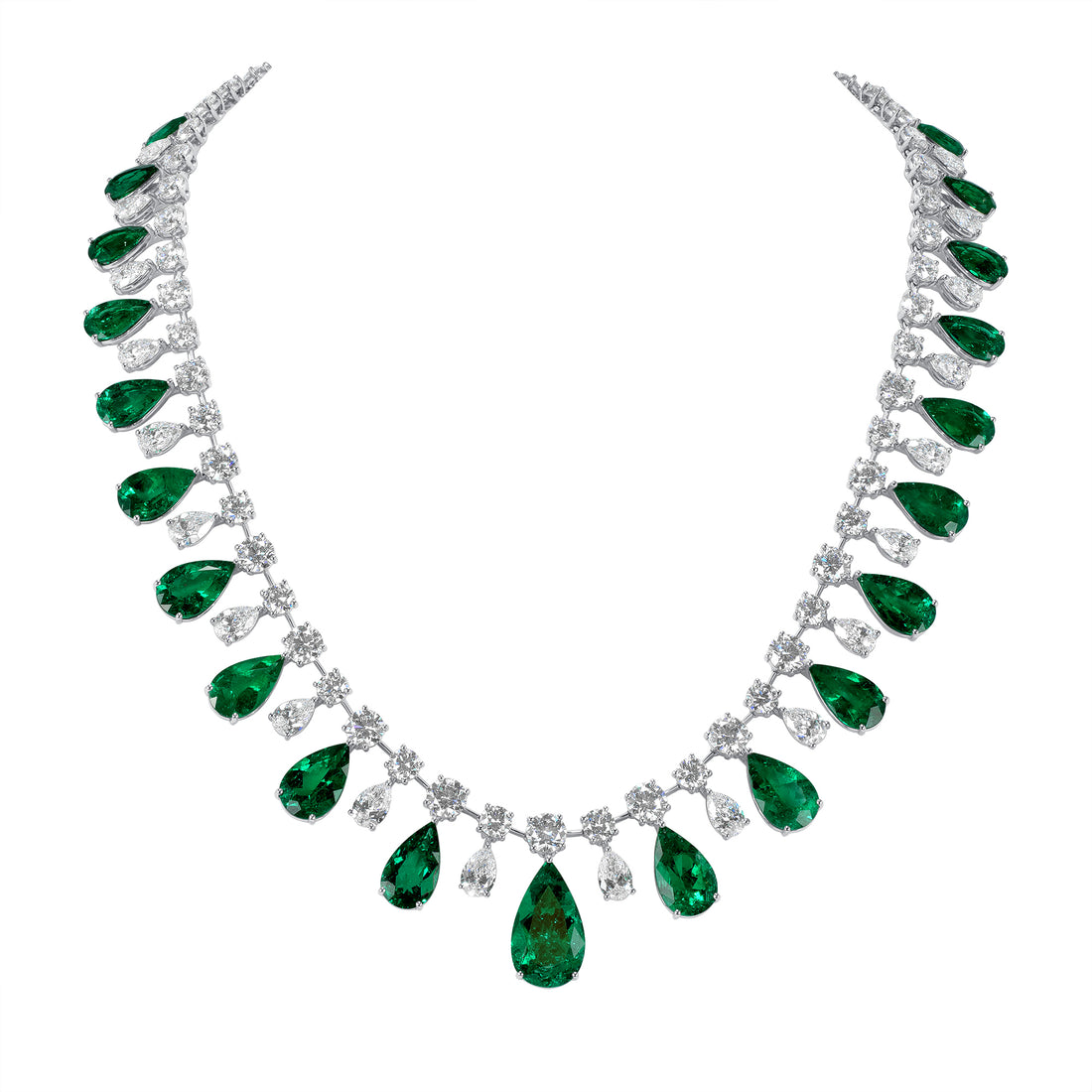 Pear Shape Colombian Emerald and Pear Shape and Round Brilliant Diamond Necklace
