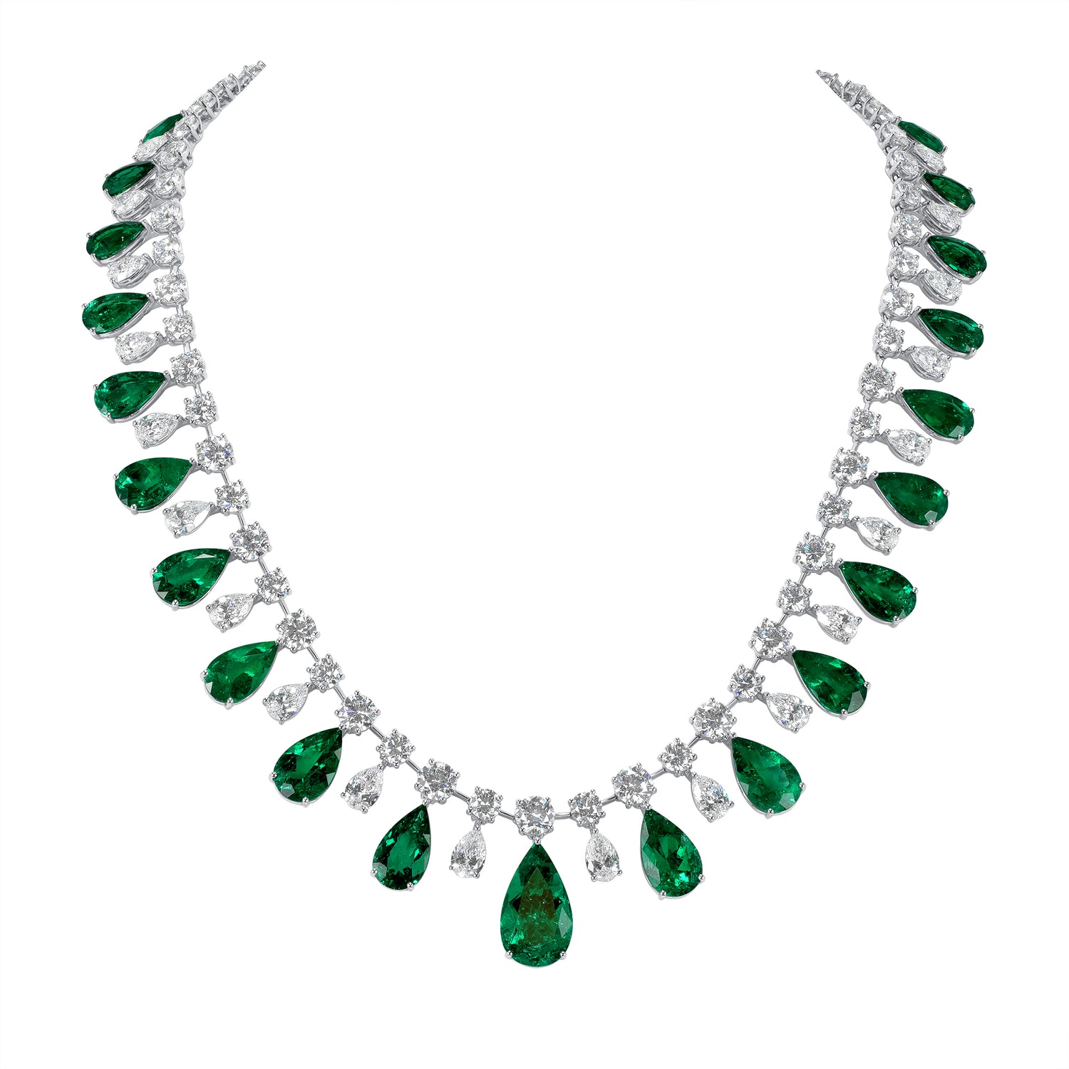 Pear Shape Colombian Emerald and Pear Shape and Round Brilliant Diamond Necklace